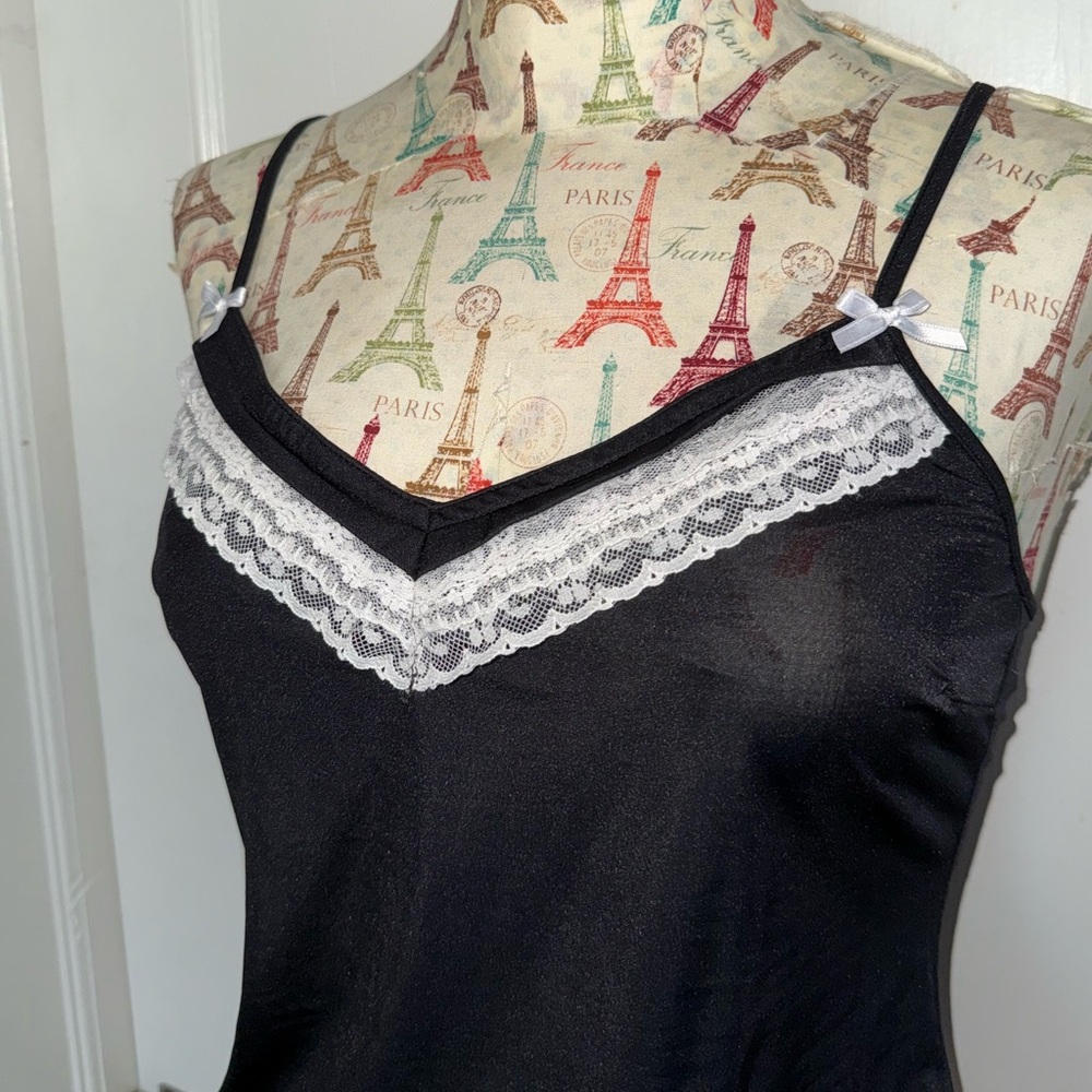 Vintage Italian Black Camisole with White Lace Bow Trim